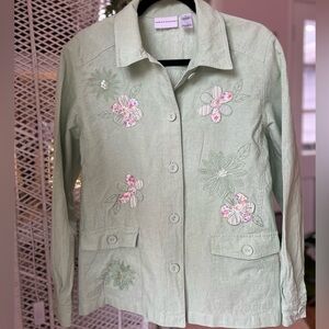 Alfred Dunner Cottagecore Cotton Blend Green Flower Button Up Jacket Size 16